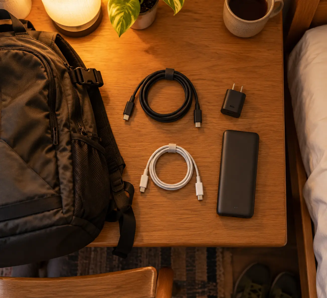 Три кабеля USB-C, переходник и повербанк разложены на столе в хостеле во время сборки рюкзака перед выездом на Балканы