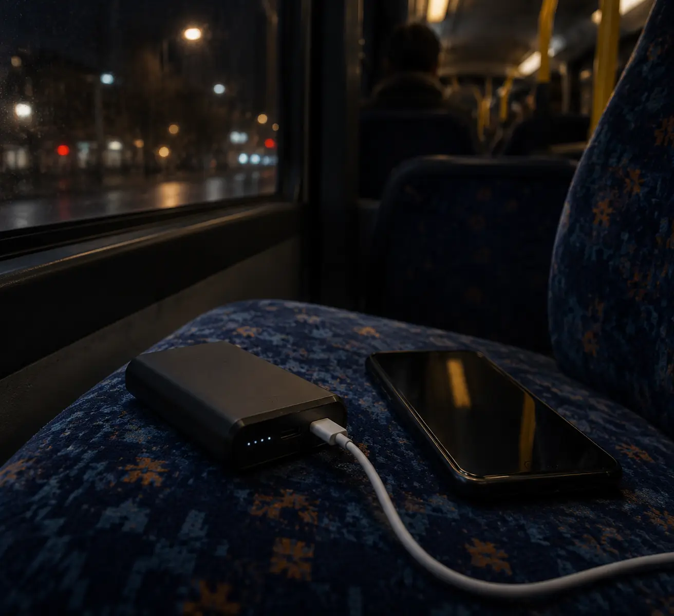 Повербанк на 20 000 мА·ч с воткнутым кабелем USB-C лежит на сиденье ночного автобуса Тирана - Охрид, телефон показывает 14% заряда