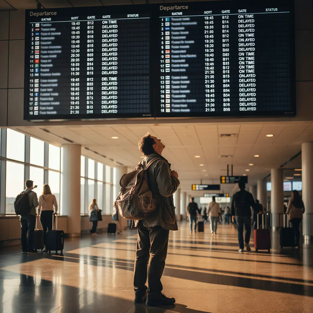 Турист с рюкзаком смотрит на расписание вылетов в аэропорту, где подсвечены открывшиеся страны и стыковочные рейсы нового сезона.